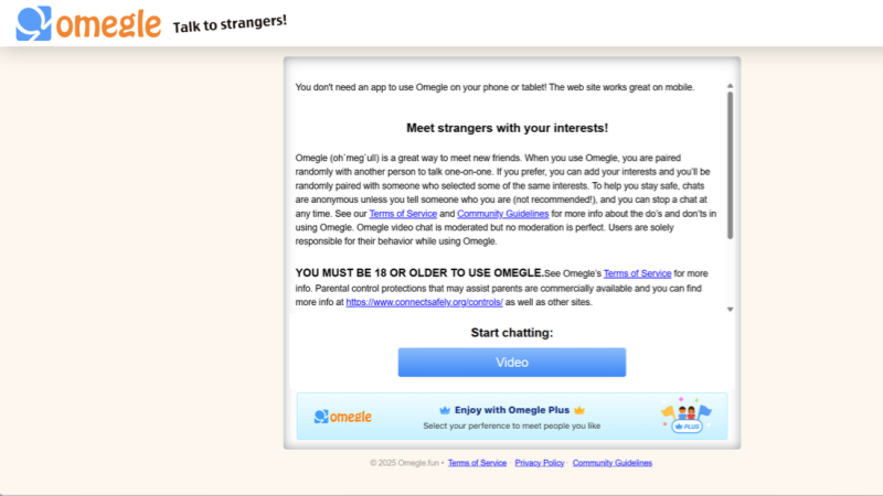 Features of Omegle including free video chat, mobile access, TV-like interface, and global connections