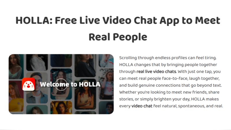 HOLLA connects you to strangers worldwide with one tap—no setup needed.