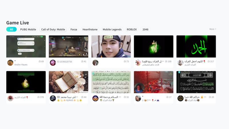 Watch live streams of various interests and categories here.